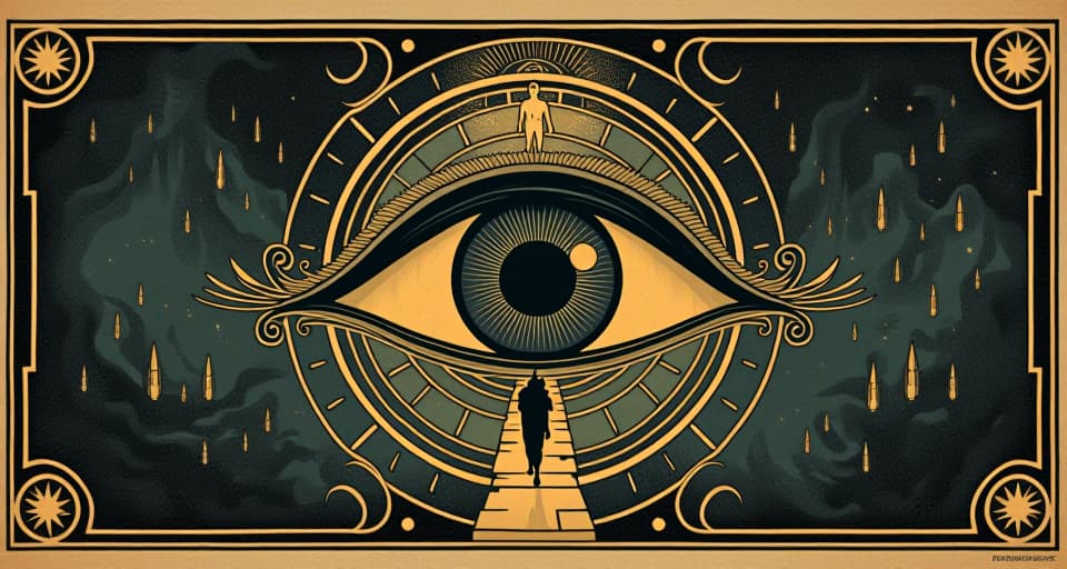  eye of horus amid labyrinth motifs, illuminated, figures walking paths, suggesting enlightenment and wisdom, historical, enlightening.. an illustration in the style of a worn, mystical old tarot trump card, mysterious and elements of surrealism. the colors are muted, somber and eerie, but with contrast bring out an occult and esoteric vibe.