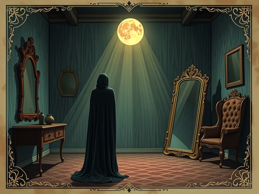  dimly lit room with mirrors repositioned or removed, positive energy emerging, lighter atmosphere. an illustration in the style of a worn, mystical old tarot trump card, mysterious and elements of surrealism. the colors are muted, somber and eerie, but with contrast bring out an occult and esoteric vibe.