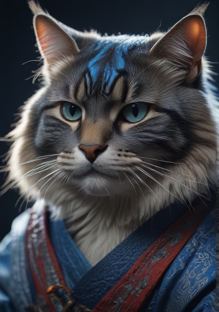 garoto gato samurai azul highly detailed,studio lighting,professional,vivid colors, cinematic lighting, HDR, UHD, 4K, 8k, 64K