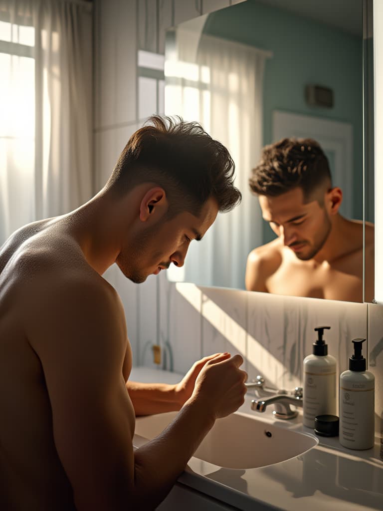  un hombre calvo, de complexión atlética, se está rasurando la cabeza con una afeitadora eléctrica wall en un baño moderno. la luz suave del sol entra por una ventana, iluminando su rostro concentrado y la superficie brillante de la afeitadora. el fondo muestra azulejos de color blanco y gris, con un espejo grande que refleja su imagen. en la encimera hay productos de cuidado personal, como gel para el cabello y loción después del afeitado. la atmósfera es tranquila y relajada, capturando un momento de cuidado personal.