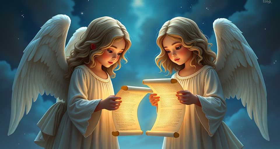  celestial angels preparing message, glowing scrolls, ethereal preparations, mystical backdrop.. the style is digital art illustration,highly detailed, whimsical,magical, dreamlike atmosphere, realism and fantasy blend, smooth, glossy textures,luminous quality, wonder and enchantment.