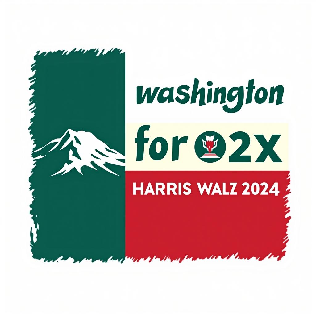  a tshirt design inspired by the washington state flag. the left side features a green vertical stripe with a large mountain in the center. the right side is divided into two horizontal sections: the top section is white with the text 'washington for' in bold, green, uppercase letters, and the bottom section is red with the text 'harris walz 2024' in bold, white, uppercase letters. the overall layout is clean and straightforward, with a clear and patriotic color scheme of blue, white, and red.