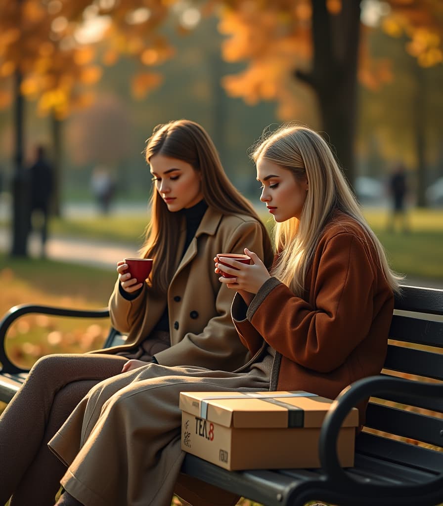  city ​​park, autumn, evening, beautiful russian blond girls are sitting on a bench in the park, drinking tea from bowls, next to the bench is chinese tea utensils, on the bench is a cardboard box with an inscription, text on box [drawing text] (with text “tea875"), hyper realistic, 4k