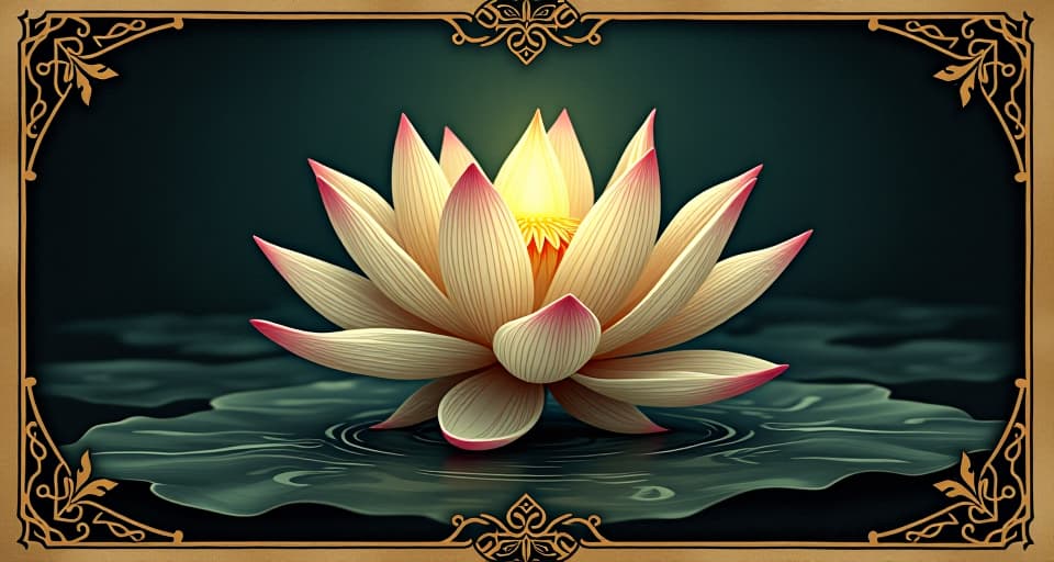  lotus flower, glowing with an ethereal light, emerging from dark waters, detailed petals, symbol of purity.. an illustration in the style of a worn, mystical old tarot trump card, mysterious and elements of surrealism. the colors are muted, somber and eerie, but with contrast bring out an occult and esoteric vibe.