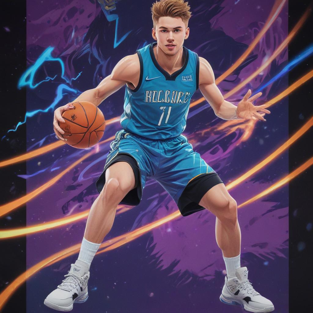 distance-shot, flashy, full-body, dynamic, holographic, animated cartoon poster of luka doncic in the style of dragon ball super