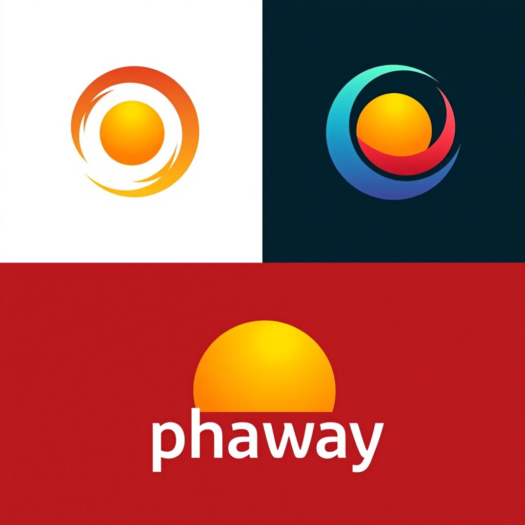  design a logo, un círculo y dentro del mismo un sol y que diga phaway me armas estos dos logos con inteligencia artificial. del primero que se llama phaway el sol amarillo y el círculo de adentro celeste y letras blancas. y el segundo gorro rojo con fondo amarillo, moño azul, argfast en negro y el mate marrón, with the text 'phaway'.