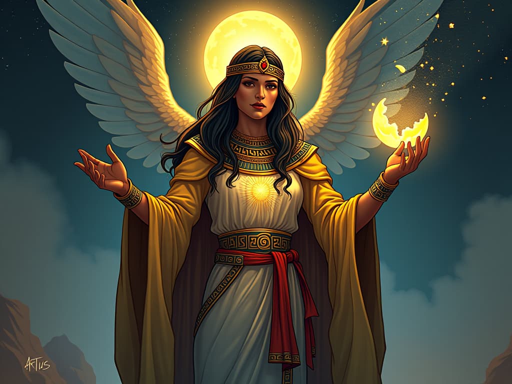  a celestial figure, dressed in starry robes, extending a glowing hand to mend a shattered, glowing orb, symbolizing fixing what is broken, otherworldly light. the style is digital art illustration / modern comic book / mysterious occult, symbolic, esoteric vibe,high detail on character design, incorporating ancient egyptian symbology and attire.