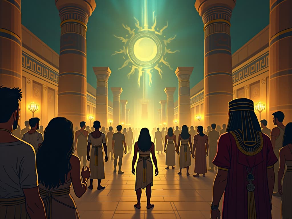  a bustling ancient egyptian marketplace, where every interaction is highlighted with a faint glow, showing the potential for profound impact. the style is digital art illustration / modern comic book / mysterious occult, symbolic, esoteric vibe,high detail on character design, incorporating ancient egyptian symbology and attire.