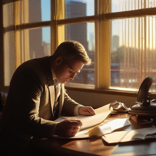 A photo of a meticulous Car Accident Attorney reviewing case files in a sunlit urban office during the late afternoon with warm golden hour lighting filtering through blinds, casting dramatic shadows across the room.