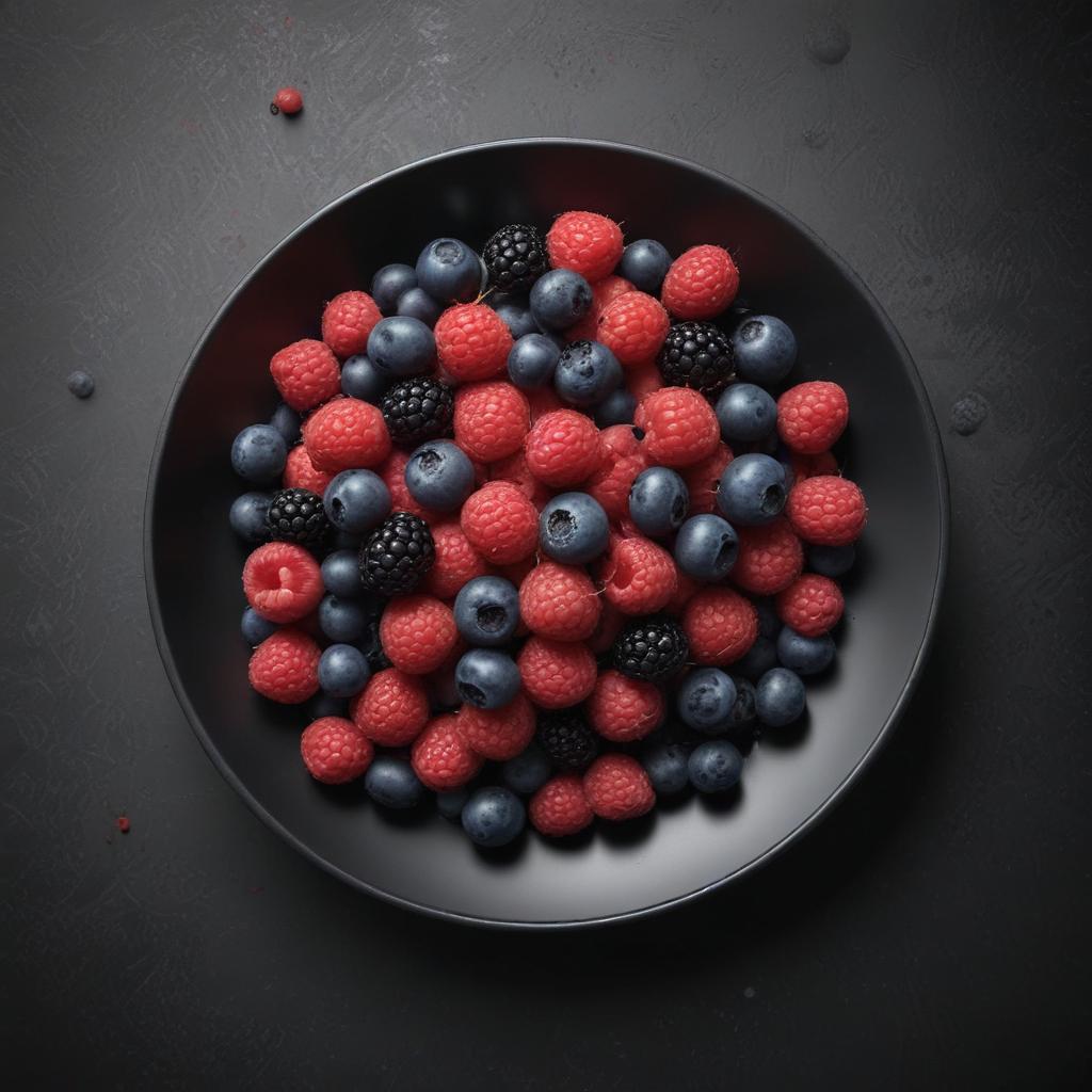 isolated black plate, on the plate berries are scattered haphazardly - blueberries, raspberries, strawberries. The plate is placed on a black surface, top view. high quality, detailed intricate insanely detailed, flattering light, RAW photo, photography, photorealistic, ultra detailed, depth of field, 8k resolution , detailed background, f1.4, sharpened focus