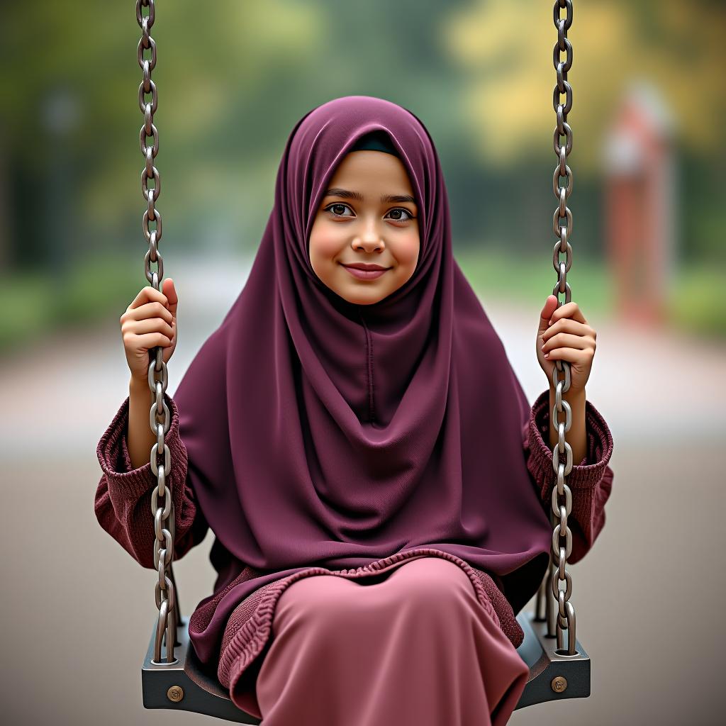  a muslim girl is sitting on the swings.