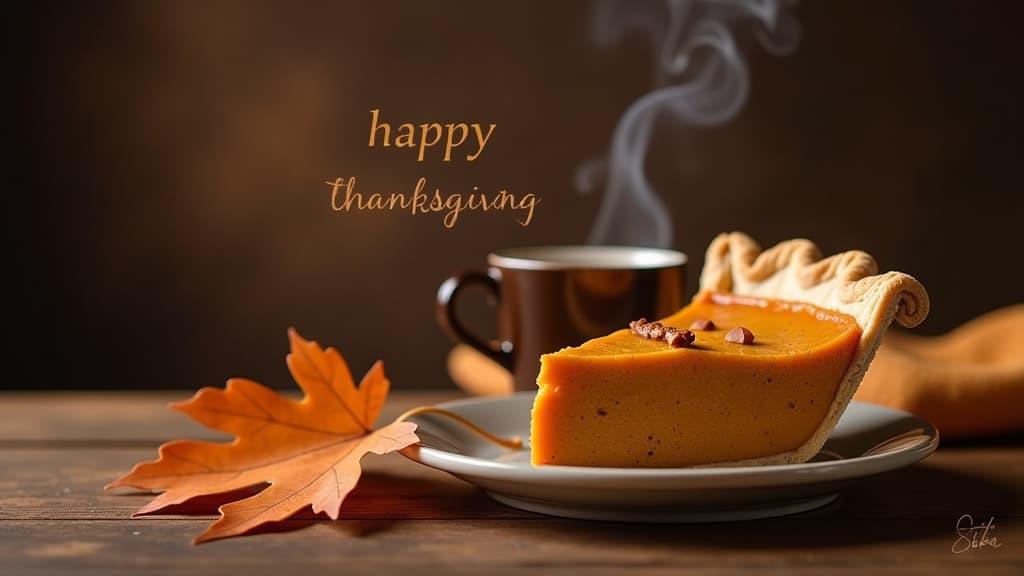  advertising style, stock photo, corporate branding style smoky coffee, a piece of pumpkin pie, an oak leaf and the inscription "happy thanksgiving day" on top ar 16:9 . professional, clean, modern, product focused, commercial, eye catching, minimalist, business oriented, highly detailed