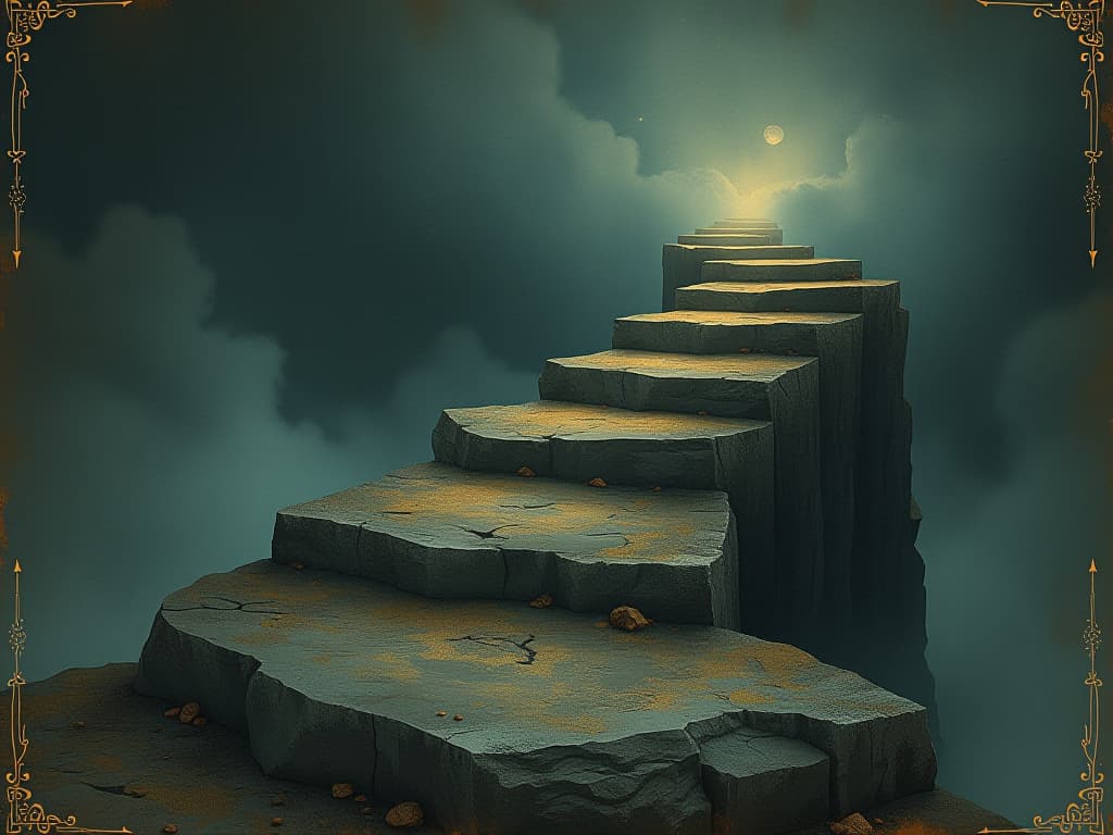  stepping stones, made of rough celestial rocks, ascending through a dark ethereal mist, glowing faintly, path leading upward, growth, resilience. an illustration in the style of a worn, mystical old tarot trump card, mysterious and elements of surrealism. the colors are muted, somber and eerie, but with contrast bring out an occult and esoteric vibe.