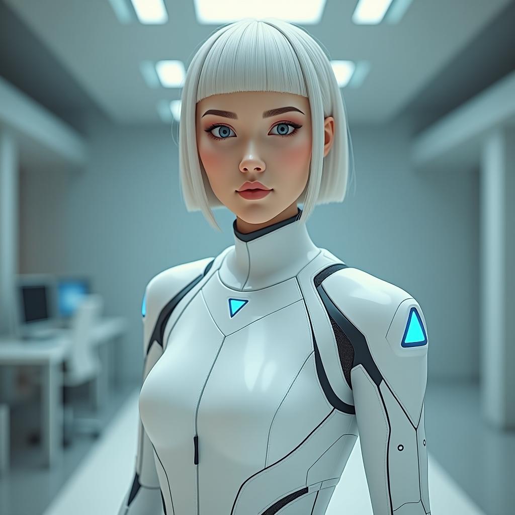  the android is human, she is short and thin, she is wearing a clic all white suit, her hair is short, her hairstyle is square and ashen, her eyes are light gray. the has a round glowing blue diode on her left temple, and a blue luminous bandage on the arm of the suit on her right hand. a blue triangle is sewn on the of the suit, and the android model is written on the bottom in black thin font in m07. on a light background in the office hyperrealistic, full body, detailed clothing, highly detailed, cinematic lighting, stunningly beautiful, intricate, sharp focus, f/1. 8, 85mm, (centered image composition), (professionally color graded), ((bright soft diffused light)), volumetric fog, trending on instagram, trending on tumblr, HDR 4K, 8K