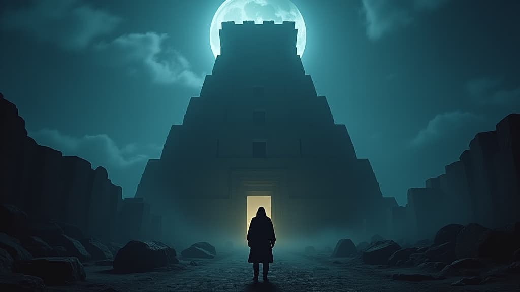  a haunting and atmospheric scene of the ruins of the tower of babel, illuminated by the moonlight, evoking a sense of mystery and history. hyperrealistic, full body, detailed clothing, highly detailed, cinematic lighting, stunningly beautiful, intricate, sharp focus, f/1. 8, 85mm, (centered image composition), (professionally color graded), ((bright soft diffused light)), volumetric fog, trending on instagram, trending on tumblr, HDR 4K, 8K