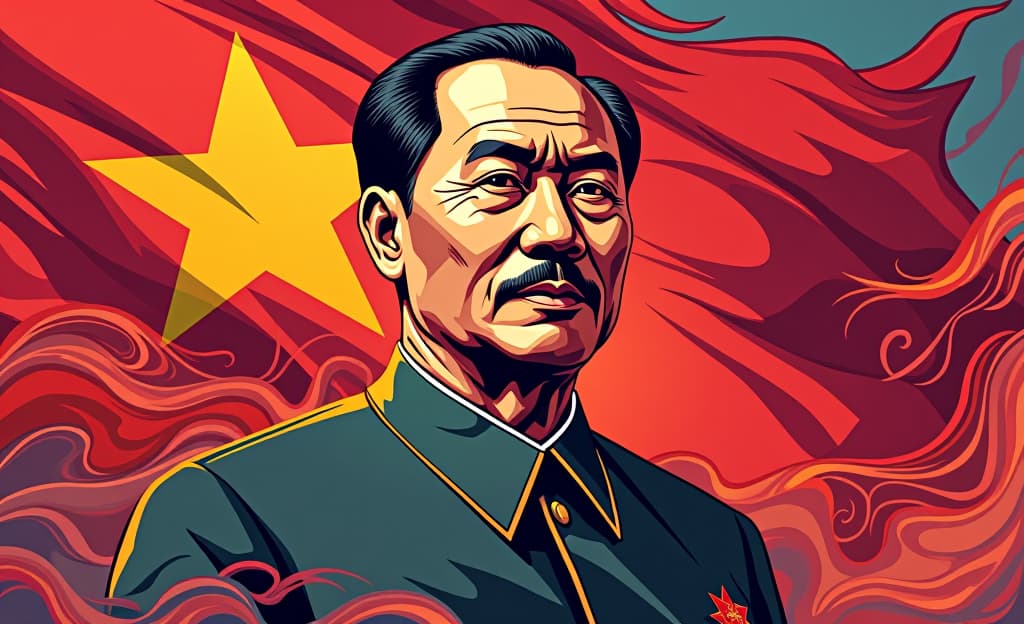  a stunning portrait of ho chi minh, the revered leader of vietnam, rendered in the vibrant style of flux art. capture his wisdom and strength, emphasizing his charismatic presence. behind him, a majestic vietnamese flag billows with energy, symbolizing the nation's spirit and his enduring legacy. render the image with bold lines, vibrant colors, and dynamic movement, capturing the essence of flux art. the overall mood should be one of reverence and admiration for this iconic figure.hyper detail, intricate details, sharp focus, high resolution, 8k, ultra detailed, vib