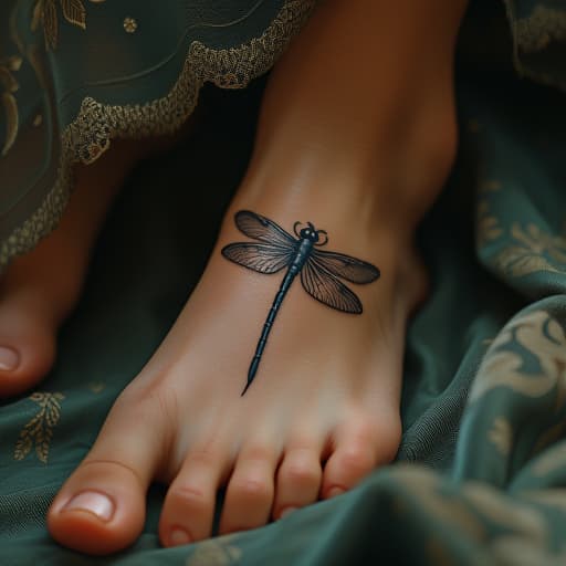  image of a dragonfly tattoo on a person's foot. the tattoo should be delicate and intricate, with fine lines and a graceful design that highlights the dragonfly's wings and body.create an image of a vintage style clothing and tattoo design. the person’s clothing must be included. hyperrealistic, full body, detailed clothing, highly detailed, cinematic lighting, stunningly beautiful, intricate, sharp focus, f/1. 8, 85mm, (centered image composition), (professionally color graded), ((bright soft diffused light)), volumetric fog, trending on instagram, trending on tumblr, HDR 4K, 8K