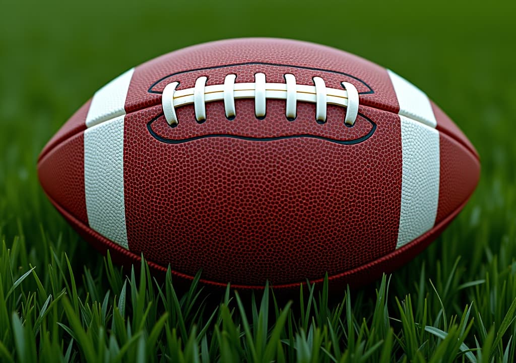  image of an american football placed on the grass. with copy space image. place for adding text or design