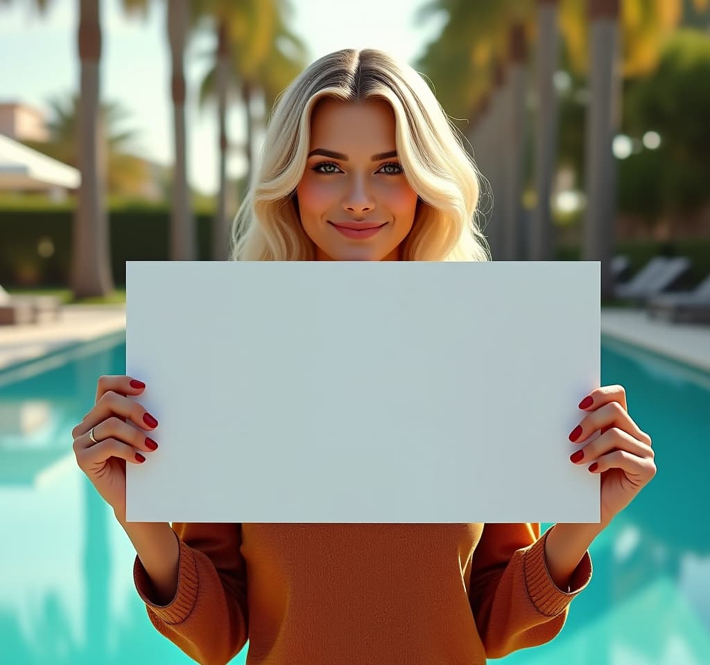  a woman, blonde , close up, winking, one eye closed, smirking, medium s, holding an big empty sign, pool and palms at the background hyperrealistic, full body, detailed clothing, highly detailed, cinematic lighting, stunningly beautiful, intricate, sharp focus, f/1. 8, 85mm, (centered image composition), (professionally color graded), ((bright soft diffused light)), volumetric fog, trending on instagram, trending on tumblr, HDR 4K, 8K