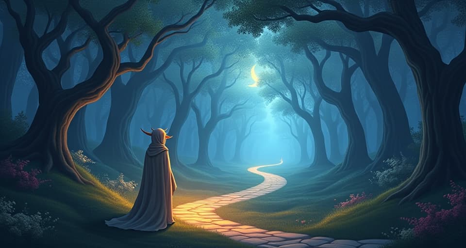  enchanting landscape with an ethereal path winding through a glowing forest; an otherworldly guardian standing at the start, symbolizing unclear paths yet a sense of hopeful journey.. the style is digital art illustration,highly detailed, whimsical,magical, dreamlike atmosphere, realism and fantasy blend, smooth, glossy textures,luminous quality, wonder and enchantment.