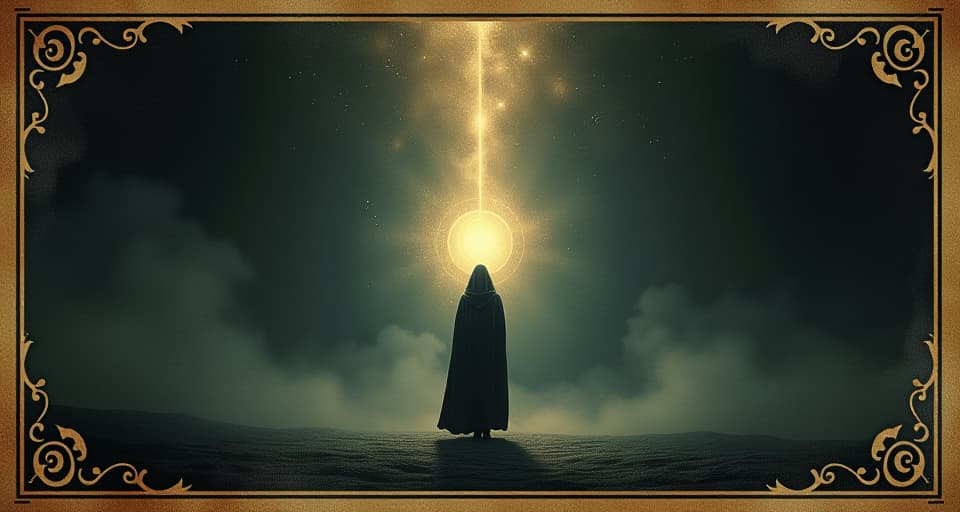  a lone figure standing in a dark void, light radiating from their heart, shadows retreating, resolve, dedication. an illustration in the style of a worn, mystical old tarot trump card, mysterious and elements of surrealism. the colors are muted, somber and eerie, but with contrast bring out an occult and esoteric vibe.