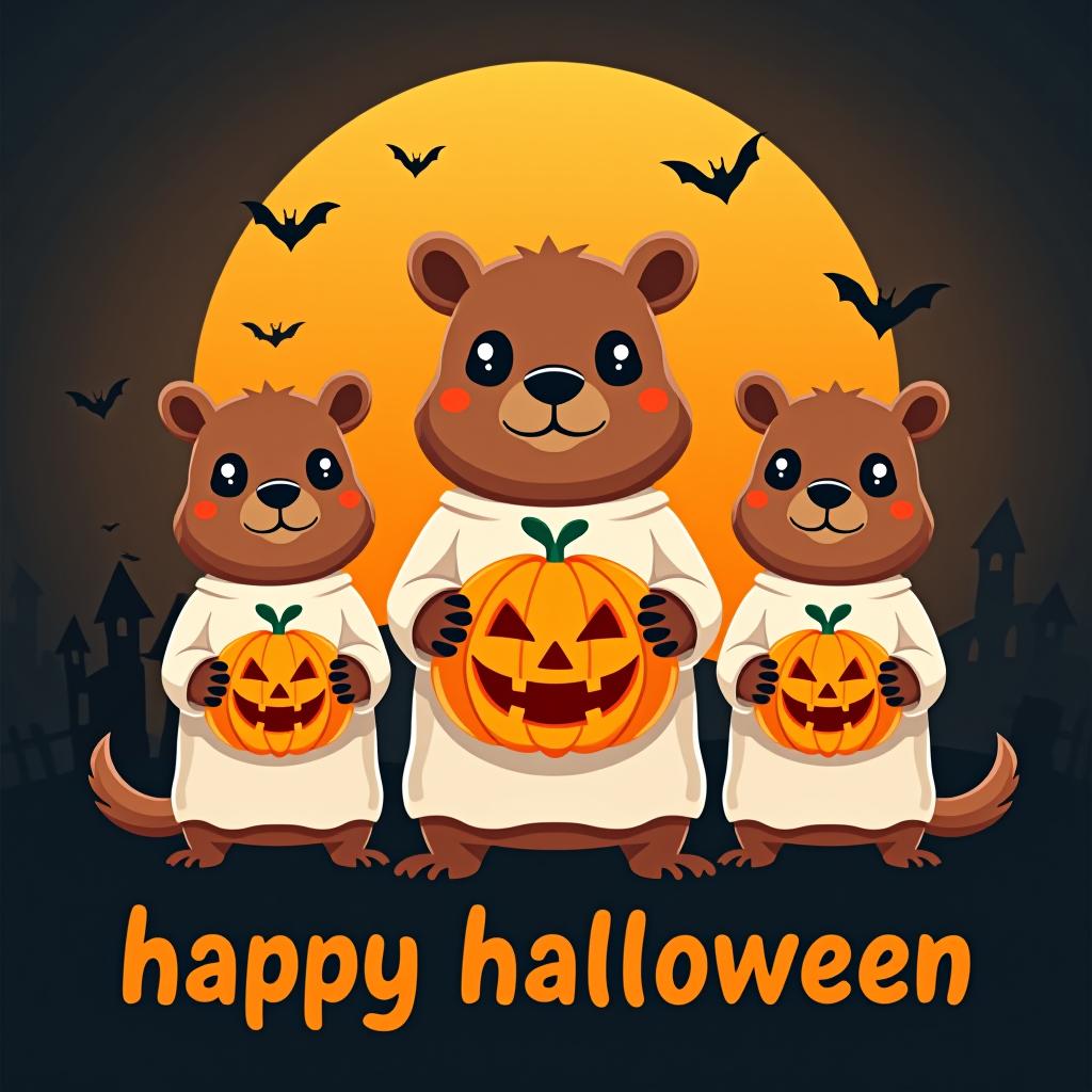  three capybaras wearing ghost shirts in a spooky halloween scene. each capybara has big black eyes. the middle capybara holds a large carved pumpkin, and the other two hold smaller carved pumpkins. the background features a large orange moon with black silhouettes of bats, haunted houses, and trees. below the capybaras, the word 'happy halloween' is written in a bold, stylized font. the overall style is fun and cartoonish with a glossy finish.