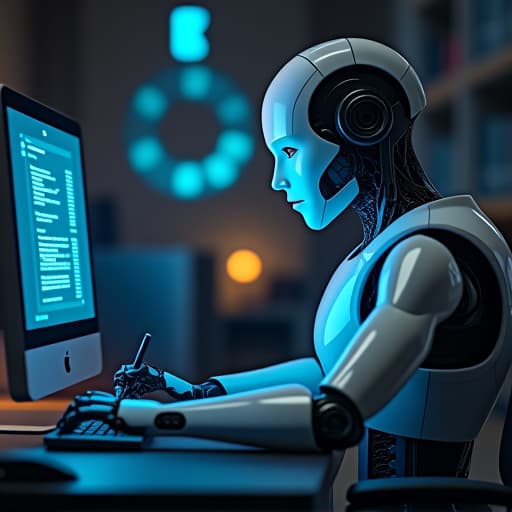  un robot escribiendo en una computadora de escritorio y en la pantalla de la computadora dice el texto: 'flux picasso ia' hyperrealistic, full body, detailed clothing, highly detailed, cinematic lighting, stunningly beautiful, intricate, sharp focus, f/1. 8, 85mm, (centered image composition), (professionally color graded), ((bright soft diffused light)), volumetric fog, trending on instagram, trending on tumblr, HDR 4K, 8K