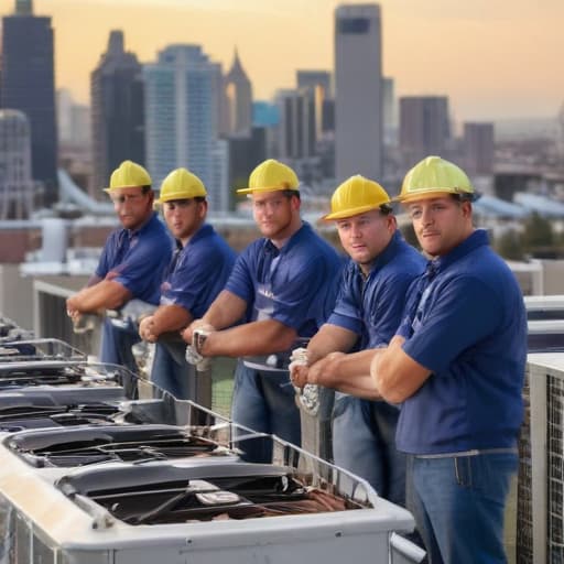 team of ten hvac technicians on a project with City background