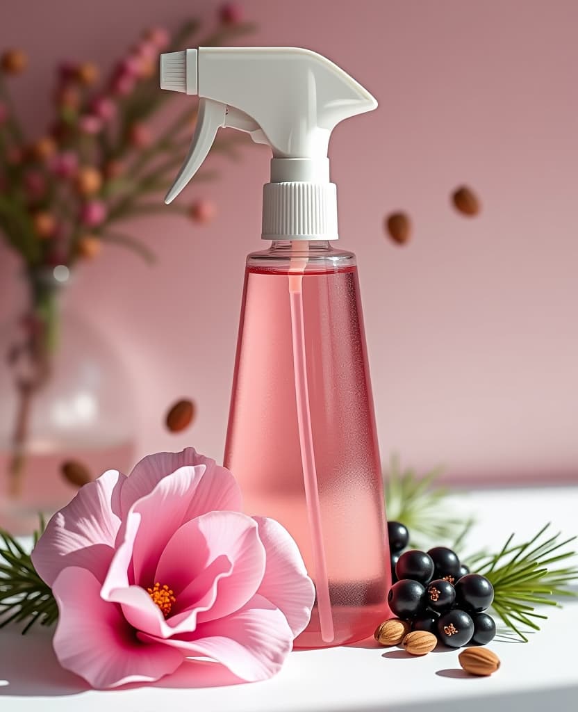  fashion editorial style spray bottle for tonic (without labels 1.2, without logo 1.2, without label 1.2)) on a white table with a pink freesia flower next to black currant berries 1.2) and pine nuts 1.2) berries and nuts fly in the background . high fashion, trendy, stylish, editorial, magazine style, professional, highly detailed hyperrealistic, full body, detailed clothing, highly detailed, cinematic lighting, stunningly beautiful, intricate, sharp focus, f/1. 8, 85mm, (centered image composition), (professionally color graded), ((bright soft diffused light)), volumetric fog, trending on instagram, trending on tumblr, HDR 4K, 8K