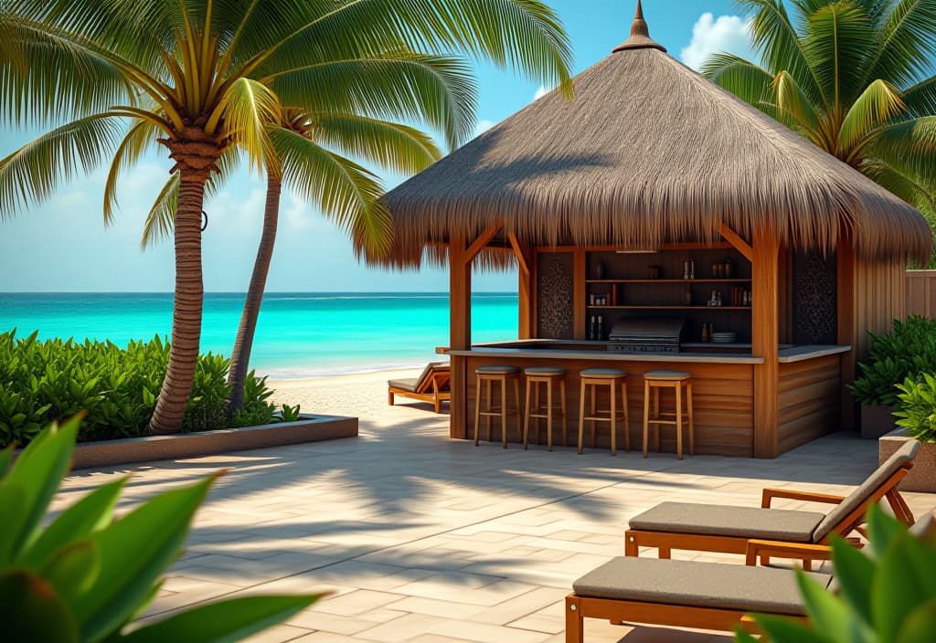  a landscape photo of a tropical paradise patio with a thatched roof tiki bar, built in barbecue, and palm trees, viewed from a beachside perspective with turquoise waters in the background hyperrealistic, full body, detailed clothing, highly detailed, cinematic lighting, stunningly beautiful, intricate, sharp focus, f/1. 8, 85mm, (centered image composition), (professionally color graded), ((bright soft diffused light)), volumetric fog, trending on instagram, trending on tumblr, HDR 4K, 8K