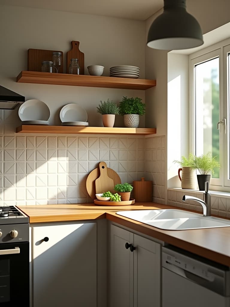  high quality portrait photo of a bright rental kitchen with removable peel and stick backsplash tiles in a geometric pattern, open shelving with decorative plates and mason jars, and a small herb garden on the windowsill hyperrealistic, full body, detailed clothing, highly detailed, cinematic lighting, stunningly beautiful, intricate, sharp focus, f/1. 8, 85mm, (centered image composition), (professionally color graded), ((bright soft diffused light)), volumetric fog, trending on instagram, trending on tumblr, HDR 4K, 8K