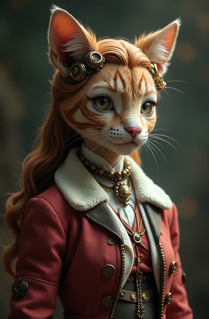  crea a un personaje ficticio, que tenga orejas de felino junto a cuernos de vaca, que tenga una cola bonita, a su vez que tenga un brazo no humano hyperrealistic, full body, detailed clothing, highly detailed, cinematic lighting, stunningly beautiful, intricate, sharp focus, f/1. 8, 85mm, (centered image composition), (professionally color graded), ((bright soft diffused light)), volumetric fog, trending on instagram, trending on tumblr, HDR 4K, 8K