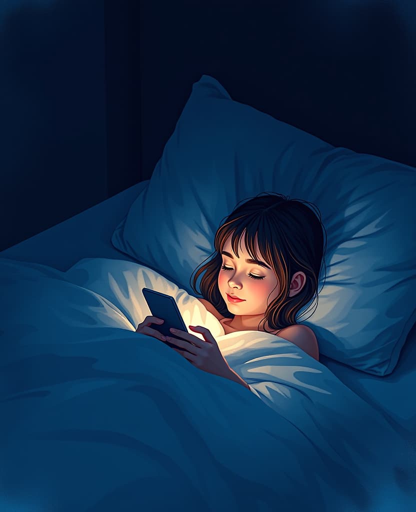  good quality, high quality, lineless vector illustration, watercolor comics, midnight, dark setting, checking phone lying on her bed in complete darkness, phone screen lighting up her face in the absolute darkness, screen flash lighting, 2d vector,