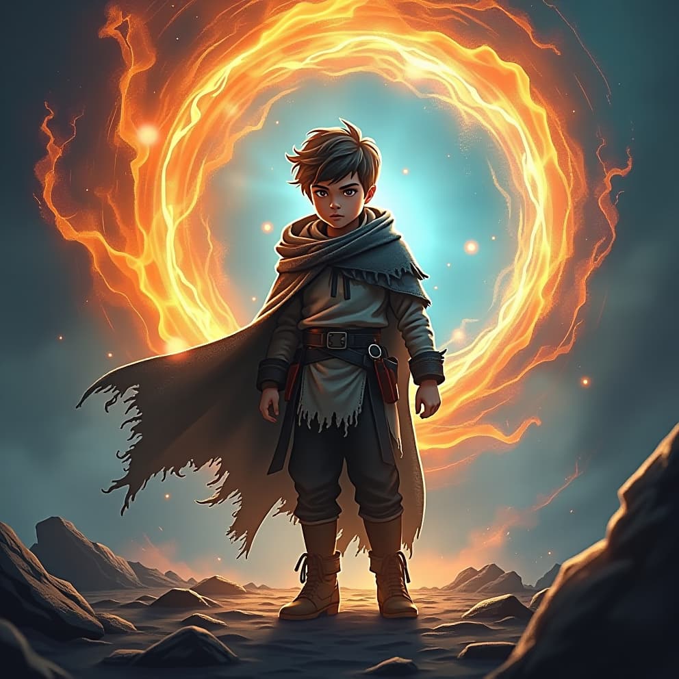  a young boy, with a determined look on his face, stands in a swirling vortex of colors and light. he is wearing a tattered cloak, and his eyes are glowing with an inner fire. the air around him crackles with energy, and the ground beneath him is pulsing with power. he is the embodiment of the flux, the unpredictable force that shapes the world.hyper detail, intricate details, sharp focus, high resolution, 8k, ultra detailed, vib