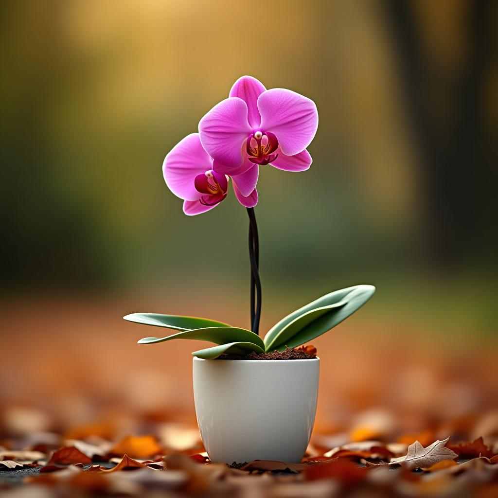  a pink orchid in a white pot on the ground in autumn with a blur effect background