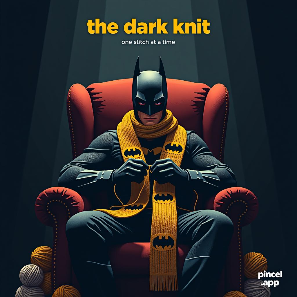  movie poster. a masked superhero sitting in a cozy chair, knitting a long scarf with bat symbols, surrounded by yarn; cinematic movie poster, top text "the dark knit" bottom text "justice... one stitch at a time". small text "pincel.app" at bottom right corner