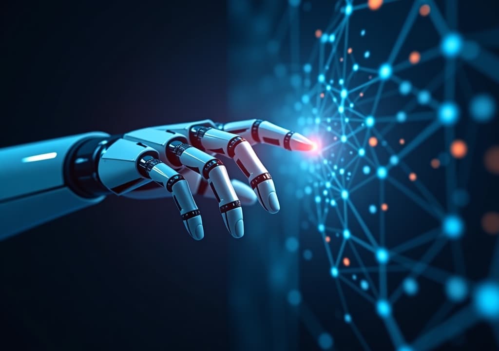  machine learning, hands of robots and humans touching on big data network connection background, science and artificial intelligence technology, innovation, and futuristic design