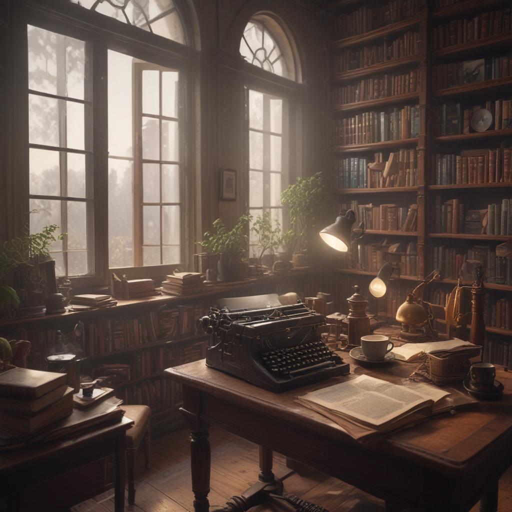 ((masterpiece)),(((best quality))), 8k, high detailed, ultra detailed, A lexicographer working in a cozy library, surrounded by stacks of books, a vintage desk with an old typewriter, a magnifying glass, a cup of steaming coffee, and a large window letting in warm sunlight hyperrealistic, full body, detailed clothing, highly detailed, cinematic lighting, stunningly beautiful, intricate, sharp focus, f/1. 8, 85mm, (centered image composition), (professionally color graded), ((bright soft diffused light)), volumetric fog, trending on instagram, trending on tumblr, HDR 4K, 8K