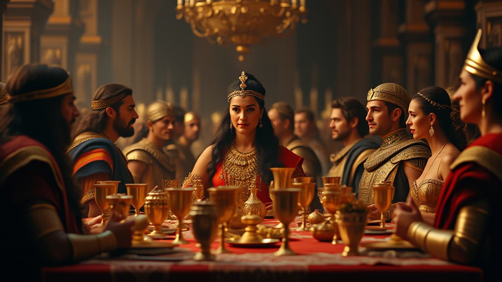  queen esther at a banquet in biblical times with king xerxes and his subjects, cups of gold and copper instead of glass.