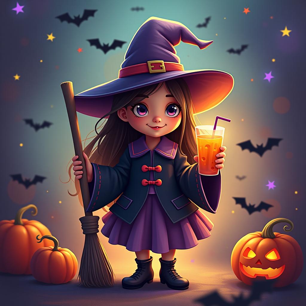  create a digital painting featuring a cute witch character. the witch should be wearing a hat. in one hand, the witch should hold a broomstick, and in the other hand, a halloween themed drink. the background should be colorful and include small black bats, pumpkins and stars to add a playful halloween touch. the overall style should be cute, whimsical, and colorful hyperrealistic, full body, detailed clothing, highly detailed, cinematic lighting, stunningly beautiful, intricate, sharp focus, f/1. 8, 85mm, (centered image composition), (professionally color graded), ((bright soft diffused light)), volumetric fog, trending on instagram, trending on tumblr, HDR 4K, 8K