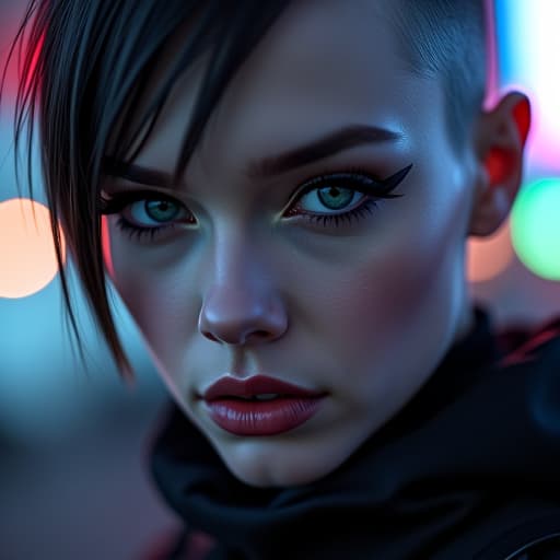  ultra realistic close up portrait ((beautiful pale cyberpunk female with heavy black eyeliner)), blue eyes, shaved side haircut, hyper detail, cinematic lighting, magic neon, dark red city, canon eos r3, nikon, f/1.4, iso 200, 1/160s, 8k, raw, unedited, symmetrical balance, in frame, 8k hyperrealistic, full body, detailed clothing, highly detailed, cinematic lighting, stunningly beautiful, intricate, sharp focus, f/1. 8, 85mm, (centered image composition), (professionally color graded), ((bright soft diffused light)), volumetric fog, trending on instagram, trending on tumblr, HDR 4K, 8K