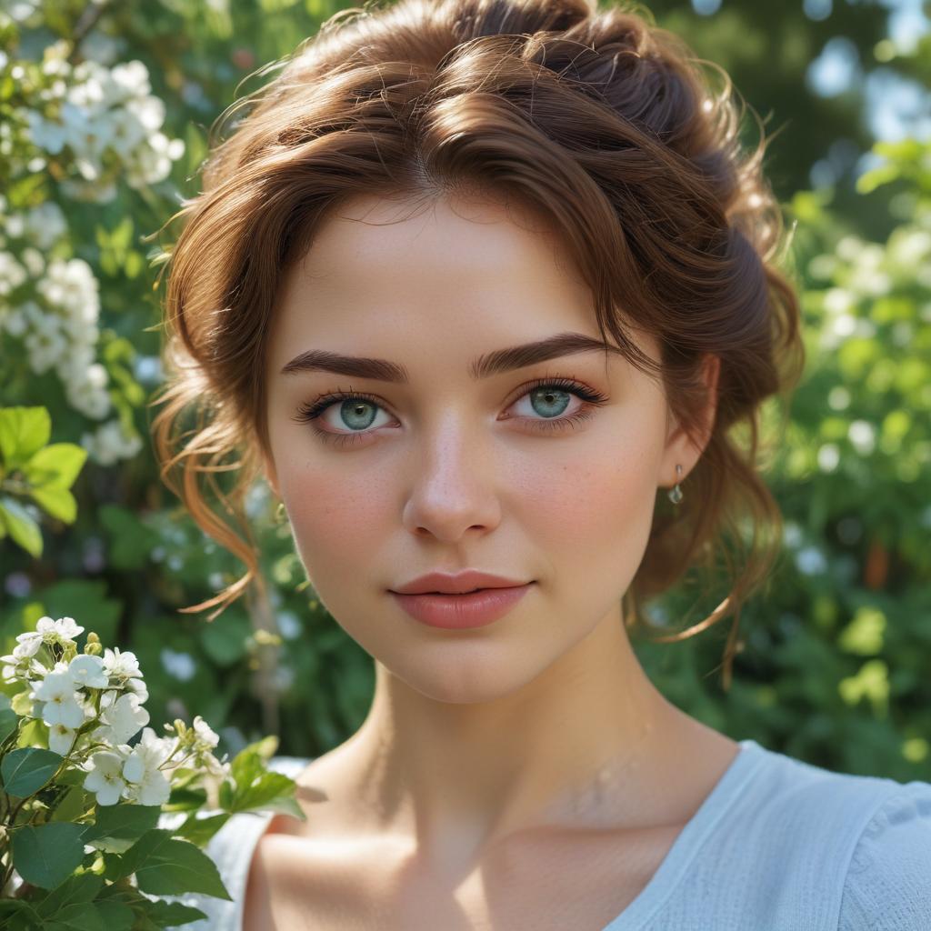 best quality,8K,highres,masterpiece, ultra detailed, cute, , russian, , Feeling happy, slight smile, Wearing a light blue tight fitting top, beautiful detailed eyes:1.1, beautiful detailed lips:1.1, extremely detailed eyes and face:1.1, long eyelashes:1.1, soft curly brown hair, pointed nose, rosy cheeks:1.1, flawless porcelain skin:1.1, sparkling eyes:1.1, slim figure:1.1, standing in a blooming garden, holding a bouquet of colorful flowers, erflies fluttering around:1.1, sunlight filtering through the leaves:1.1, soft spring breeze:1.1, green gr and vint flowers:1.1, with a charming background of a wooden white fence and blue sky hyperrealistic, full body, detailed clothing, highly detailed, cinematic lighting, stunningly beautiful, intricate, sharp focus, f/1. 8, 85mm, (centered image composition), (professionally color graded), ((bright soft diffused light)), volumetric fog, trending on instagram, trending on tumblr, HDR 4K, 8K