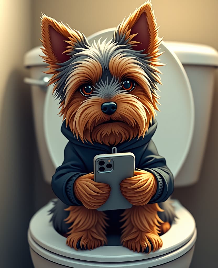  manga style yorkshire terrier dog, shaggy, with dark eyes, sitting on the toilet with a phone in his paws, 4k quality, realism . vibrant, high energy, detailed, iconic, japanese comic style hyperrealistic, full body, detailed clothing, highly detailed, cinematic lighting, stunningly beautiful, intricate, sharp focus, f/1. 8, 85mm, (centered image composition), (professionally color graded), ((bright soft diffused light)), volumetric fog, trending on instagram, trending on tumblr, HDR 4K, 8K