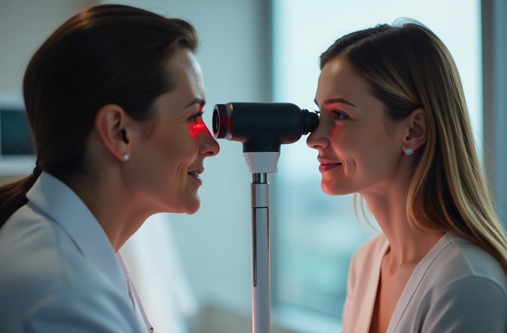  woman, optometry and slit lamp for test, vision or care for wellness assessment with health in clinic. doctor, optician and patient by machine, light and laser for retina scan with lens for eye exam ar 3:2 {prompt}, maximum details