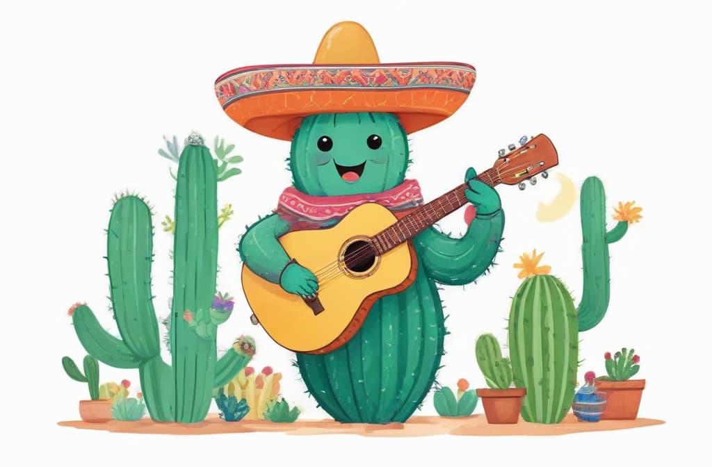 clipart style Mexican cactus wearing a sombrero hat, playing the guitar, white background --ar 3:2 with a bright, happy color palette, simple shapes, and thin, bold lines, hand-drawn digital illustration, highly detailed, perfect for children's book, colorful, whimsical, Artstation HQ, digital art