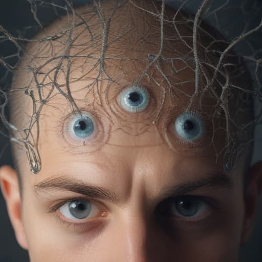 A man's head with a lot of eyes. Eyes are on neurons. Neurons are in the brain, which is visible