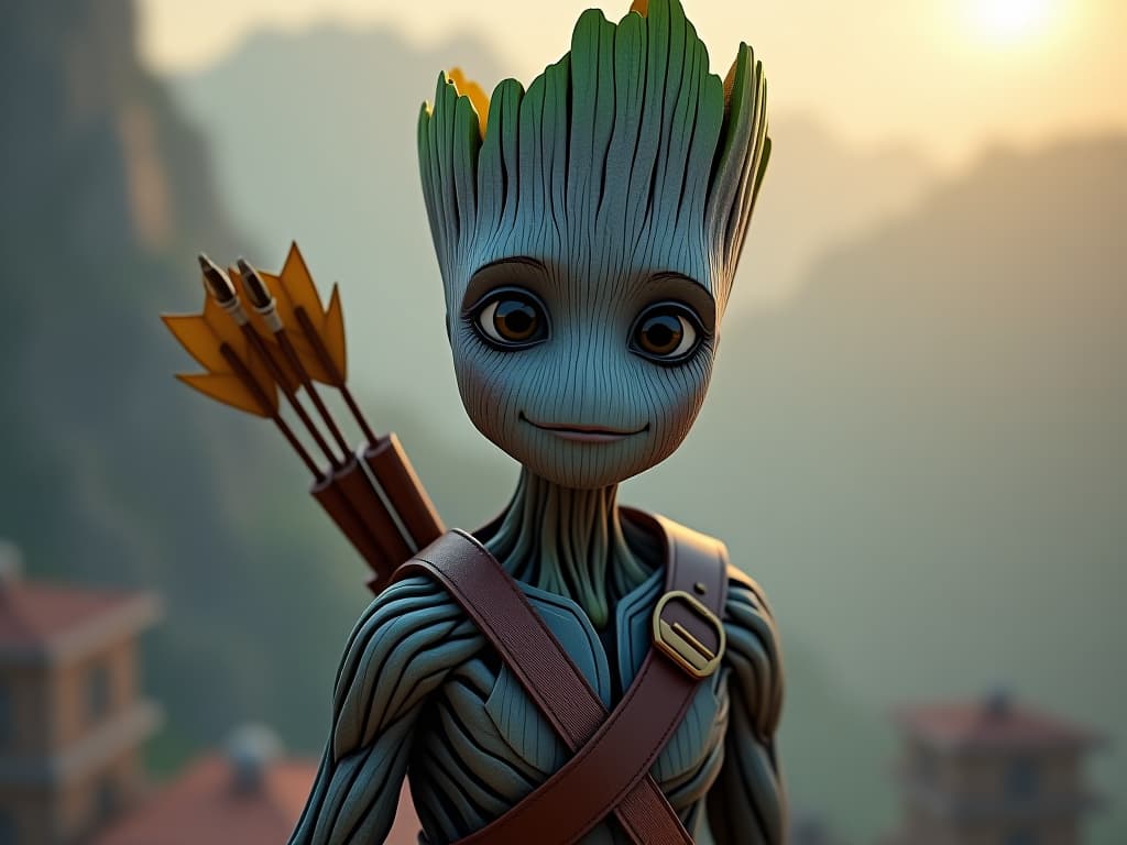  a cute looking man in deep sky blue skin with bow and arrow on shoulder having a tilak on head and bright background named mr groot in bold in box in bottom of the image hyperrealistic, full body, detailed clothing, highly detailed, cinematic lighting, stunningly beautiful, intricate, sharp focus, f/1. 8, 85mm, (centered image composition), (professionally color graded), ((bright soft diffused light)), volumetric fog, trending on instagram, trending on tumblr, HDR 4K, 8K