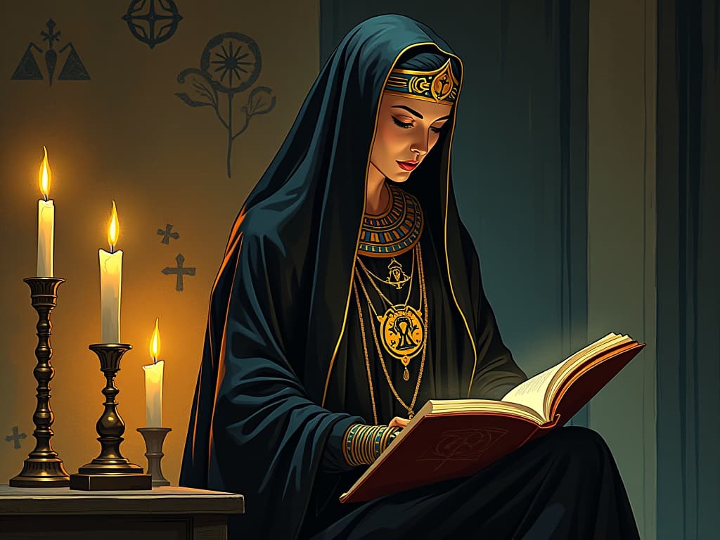  hildegard von bingen alone in a candlelit room, deep in solitary reflection, spiritual insights manifesting into art and knowledge, undisturbed creativity. the style is digital art illustration / modern comic book / mysterious occult, symbolic, esoteric vibe,high detail on character design, incorporating ancient egyptian symbology and attire.