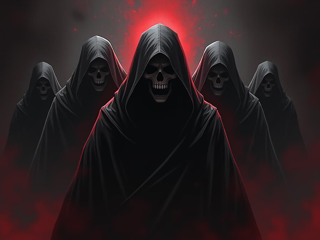  spectral figures, lingering at the edges, whispering indistinctly, fearful expressions, shadows deepening around a central character cloaked in fear. the style is dark fantasy and mysterious occult, symbolic, moody lighting, esoteric vibe,high detail on character design. for the color scheme emphasize blacks and reds.