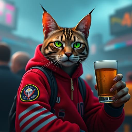  in a cyberpunk cityscape, hemule, the rebellious tabby cat with green eyes, sips beer at a football game. hyper realistic with comic book flair, hemule exudes charisma in vibrant colors, edgy streetwear, and a tough vibe. dramatic lighting enhances the tension of the scene. hyperrealistic, full body, detailed clothing, highly detailed, cinematic lighting, stunningly beautiful, intricate, sharp focus, f/1. 8, 85mm, (centered image composition), (professionally color graded), ((bright soft diffused light)), volumetric fog, trending on instagram, trending on tumblr, HDR 4K, 8K